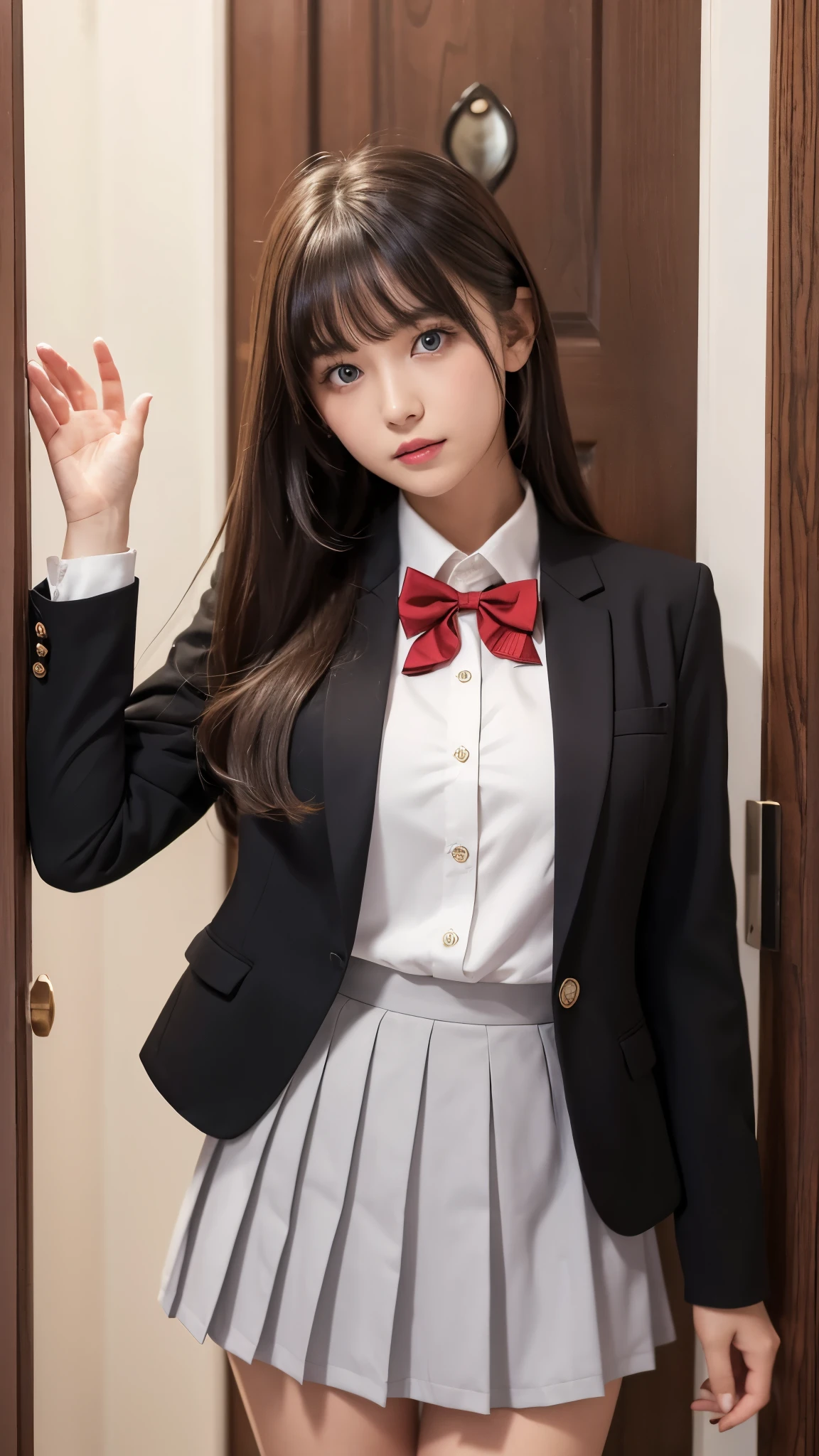 (Girl Standing On School Steps)，charming eyes，Heartwarming action，look away from the camera，raise your head，Thick and long black hair，Highly detailed body，highly detailed face，highest quality、(P私NK Underwear),(high school girl),((white blazer、chest emblem))、(white blouse),((red bow tie)),((Navy Check Flared Skirt))、(smile)