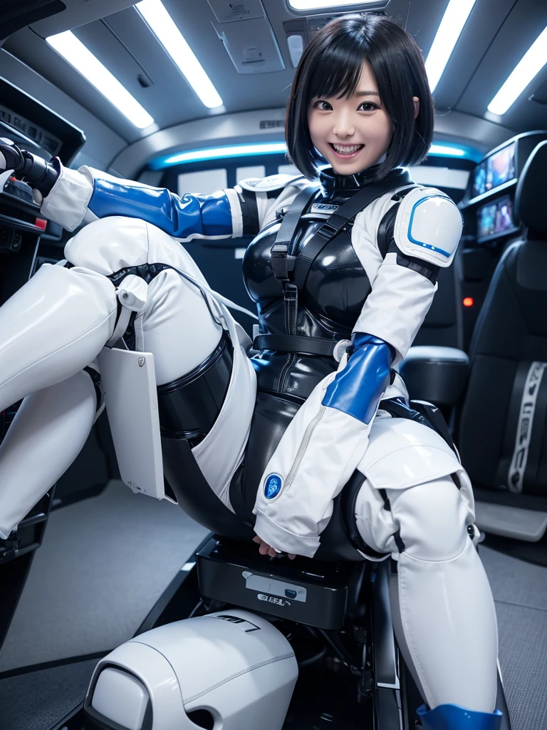 Japanese female android,Black Hair,A cockpit surrounded by machines ...