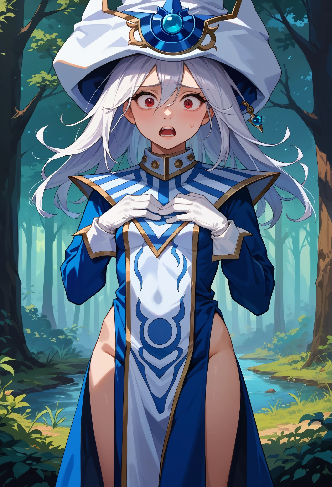 score_9, score_8_up, score_7_up, 1girl, solo, teenager, teen aspect, small breasts, hands on  breasts, silentmagician, white hair, red eyes, wizard hat, blue dress, hip vent, long sleeves, white gloves, tabard, pelvic curtain, standing, shaking, shocked face, teeth, looking down, standing, magical background, mist, forest