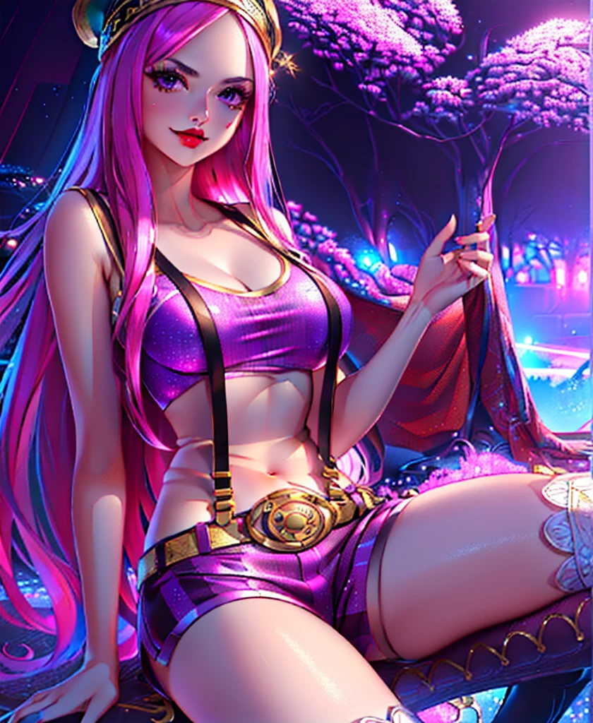 SEMI NUDE GIRL, (top-quality, 8K, masterpiece:1.3)), A detailed eye, (looking at from the front), Look at the camera, JewelryBonneyV2, half body shot, 1girl, solo, cute asian face, long hair, pink hair, hat, ((slim girl, small breasts, hyperdetailed lips)), red lips, (thighhighs, shorts, suspenders, boots, purple eyes), navel, midriff, crop top, belt, suspender shorts, complex detailed background,