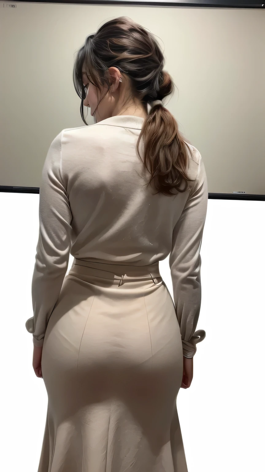 25 years old, see through clothing, tight light khaki skirt, view from side back, skinny, upskirt, teasing, office, waist shot, light khaki hijab, pale skin, facing viewer, late night, lying on table, openmouth, light pink underwear, hand on head, upskirt