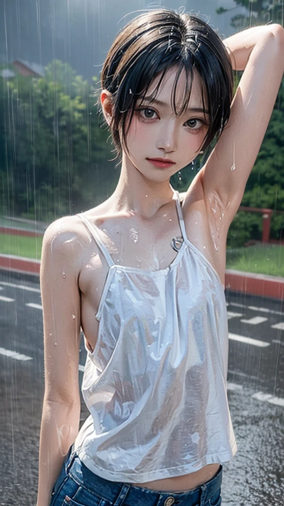 ((masterpiece,Highest quality;1.3,Best illustrations)), ((get wet:1.5)), (Raise your arms, Please show me your armpits:1.3), (Beautiful breasts, Large Breasts), Cowboy Shot,1 person、、alone,((very small head:1.5)),Black Hair, Bobcut, Open forehead, short hair,((Toned body, Slender body, skinny)),Glowing Skin, Glowing Skin, Oily skin, (Soaked in the rain、camisole、Micro Shorts)、heavy rain、rain、on the road,Tokyo,