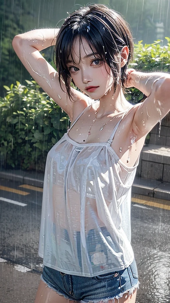 ((masterpiece,Highest quality;1.3,Best illustrations)), ((get wet:1.5)), (Raise your arms, Please show me your armpits:1.3), (Beautiful breasts, Large Breasts), Cowboy Shot,1 person、、alone,((very small head:1.5)),Black Hair, Bobcut, Open forehead, short hair,((Toned body, Slender body, skinny)),Glowing Skin, Glowing Skin, Oily skin, (Soaked in the rain、camisole、Micro Shorts)、heavy rain、rain、on the road,Tokyo,