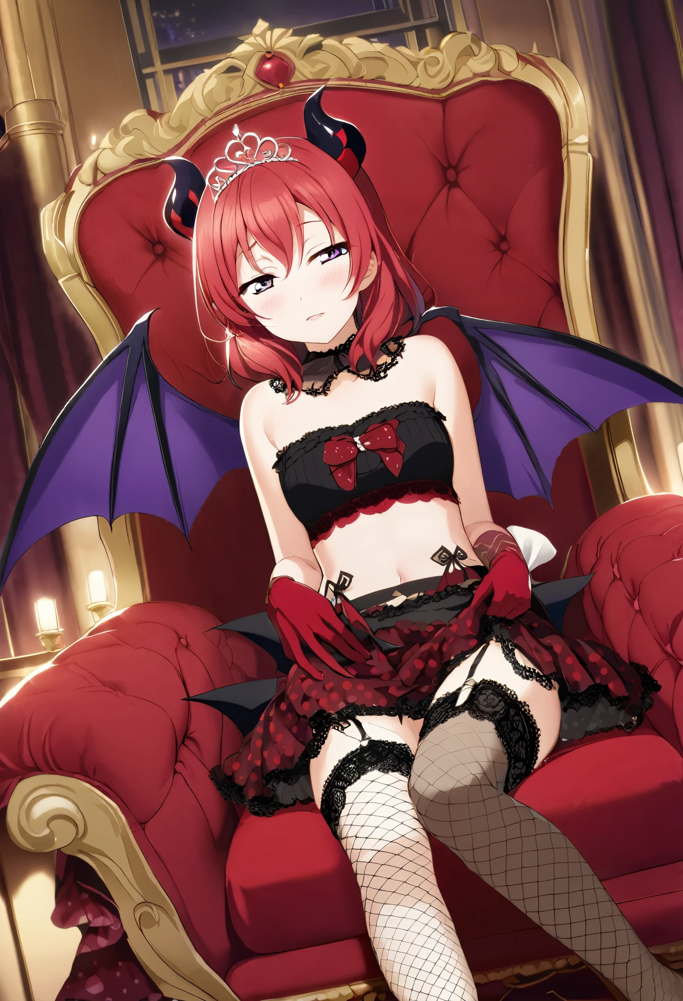 masterpiece, best quality,8k wallpaper, nishikino maki,red hair, medium hair, purple ,blush ,solo , polka dot tube top, lace trimmed top, rose printed skirt, garter straps, fishnet thighhighs,red gloves ,fake black demon horns, small fake bat wings ,(smile:0.6), indoors , tiara, sitting on throne, crossed legs, night, medium breasts , midriff , seductive wink, thighs 