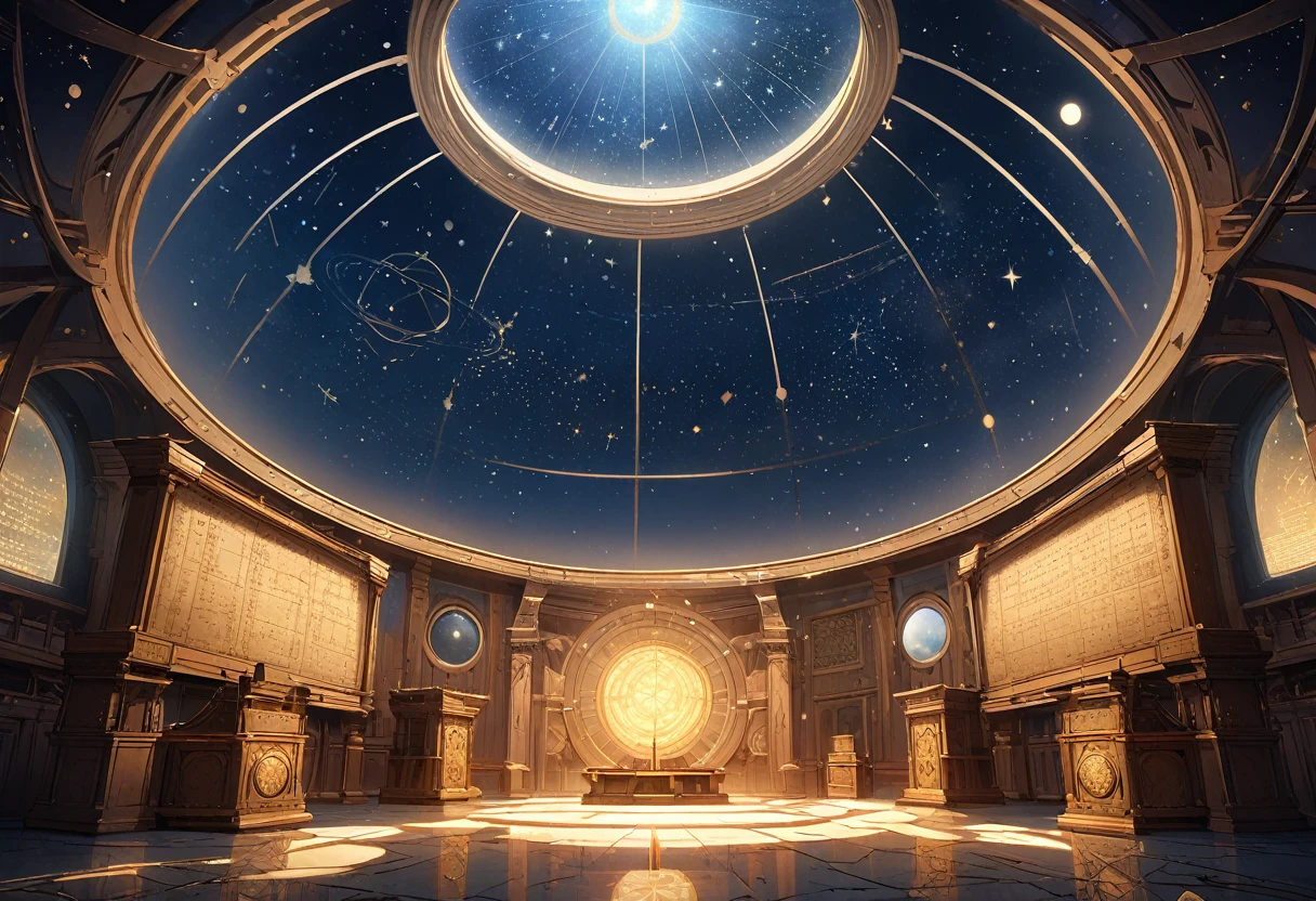 A towering, ancient observatory perched on the edge of a cliff, overlooking a vast, star-filled sky. The stone structure is weathered but grand, with intricate carvings of celestial bodies adorning its walls. Inside, a massive, antique telescope is pointed toward the heavens, surrounded by dusty, parchment-filled desks and brass instruments. The room is lit by the soft glow of starlight streaming through a large, domed skylight above, illuminating the intricate star charts and astrological symbols etched into the floor. The atmosphere is one of awe and mystery, a place where the secrets of the cosmos are studied and guarded. (Celestial atmosphere), (Highly detailed), (8K resolution), (Atmospheric lighting), (Mystical), (Ancient knowledge)