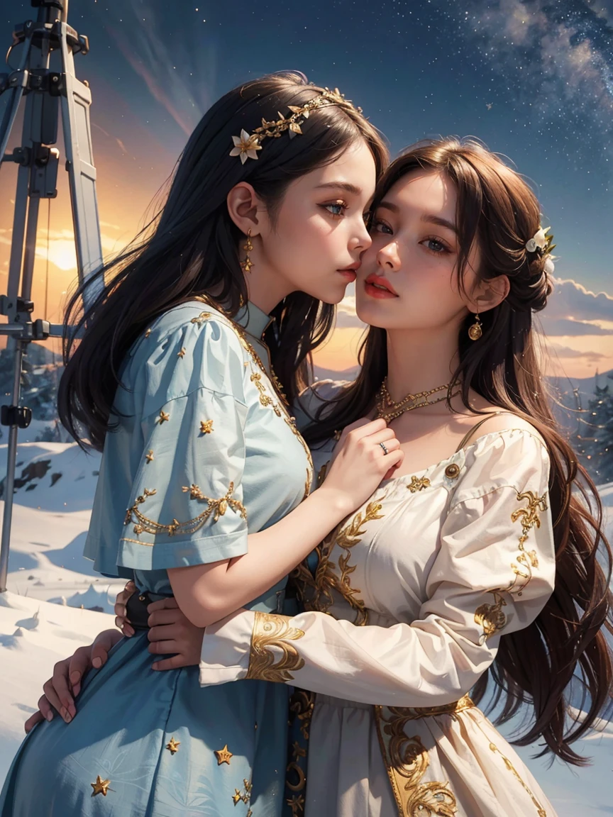 young woman, Olhar Telescope, (masterpiece), (HighestQuali), two girls is deeply in love with each other, kiss, Paint oil, Realistic oil painting, bust, clear details, high realism, clothing style of the era, (perfect anatomy), jewelry, flower, aurora, snow, magnificent panorama view