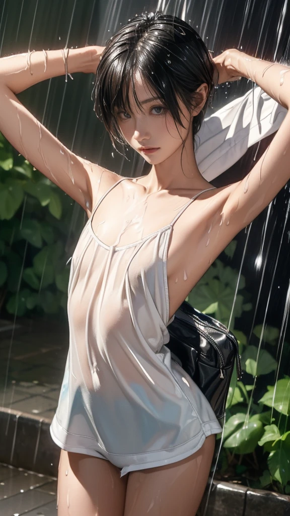 ((masterpiece,best quality;1.3,Best Illustration)), ((Get wet:1.5)), (Raise your arms, Let me see your armpits:1.3), (Beautiful breasts, Large Breasts), Cowboy shooting,1 girl、、solitary,((Small head:1.5)),Black Hair, Bob Cooter, Forehead open, short hair, Brown eyes,beautiful eyes,blush,((Very long body:1.3)),((Fitness,slim,Skinny)),Radiant Skin,Radiant Skin,Oily skin,(Soaked in the rain、camisole、micro short shorts)、Carrying a black backpack、heavy rain、rain、en route,Tokyo,