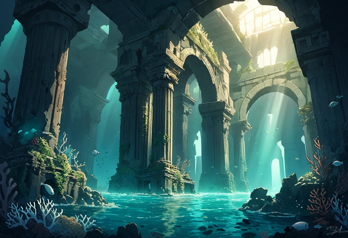 Underwater Ruins,A submerged, ancient ruin deep beneath the ocean, where the remnants of a lost civilization lay hidden in the murky depths. Massive stone pillars rise from the ocean floor, encrusted with coral and seaweed, while strange, bioluminescent creatures swim through the crumbling arches. The water is dimly lit by shafts of sunlight filtering down from above, casting a ghostly glow on the ancient structures. Faint, echoing sounds of the deep sea create a haunting ambiance, as forgotten statues and relics of a bygone era lie half-buried in the sand. The atmosphere is one of eerie beauty and mystery, where the past lies forgotten