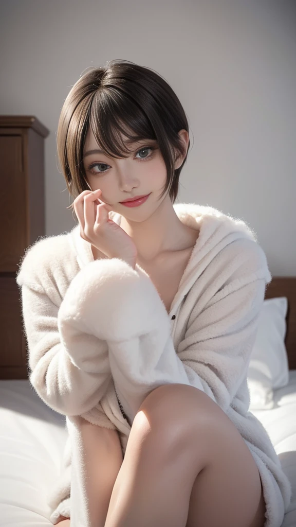 1 girl、alone、masterpiece,highest quality,High resolution,Very detailed, Earrings,Big cleavage、,
Cute pose、(((Open your mouth wide))), (Ahegao:1.2, Cute little devil smile:1.2),
Blonde pixie short hair、
(((Accurate 5-finger)))、Accurate human body、Perfect human body、((Captivating smile ))、
(((All of these pajamas are made of fluffy fleece material:1.8, zetai ryoiki, Mini shorts:1.3, Thick white horizontal stripes))),
(Love hotel bedroom:1.5), Dark Room、indoor、Detailed Background、