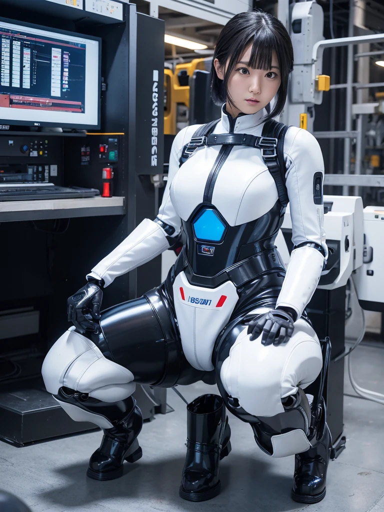 Sweet expression, kneeling, hands between legs, white glasses, white short hair, (8k, RAW photo, photorealistic:1.25) ,( lip gloss, eyelashes, glossy face, glossy skin, best quality, Super high resolution, depth of field, chromatic aberration, caustics, wide light, natural shadows, Kpop idol) looking at viewer with serenity and goddess-like bliss, full body, big breasts, white underwear, black stockings, see-through shirt, white shirt, secretary , power suit, powerranger, suit, spd, (Power ranger suit), gold detail, masked,