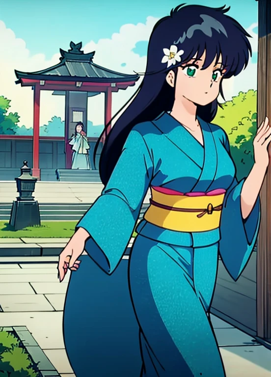 One girl, alone, From above, (White lily flower), beautiful, Complex, Highest quality, Detailed Background, Sayaka Miki, ((girl wearing a patterned teal kimono:1.2)), (Walking through a Zen garden),  カジュアルなPause, Detailed Texture, Pause, fローラl print, Hair Flower, hair ornaments, kimono, kimono, heart, Outdoor, Pagoda, petal, (teal kimono), sash, shrine, null, Stone stairs, torii, Wide sleeves, yukata 