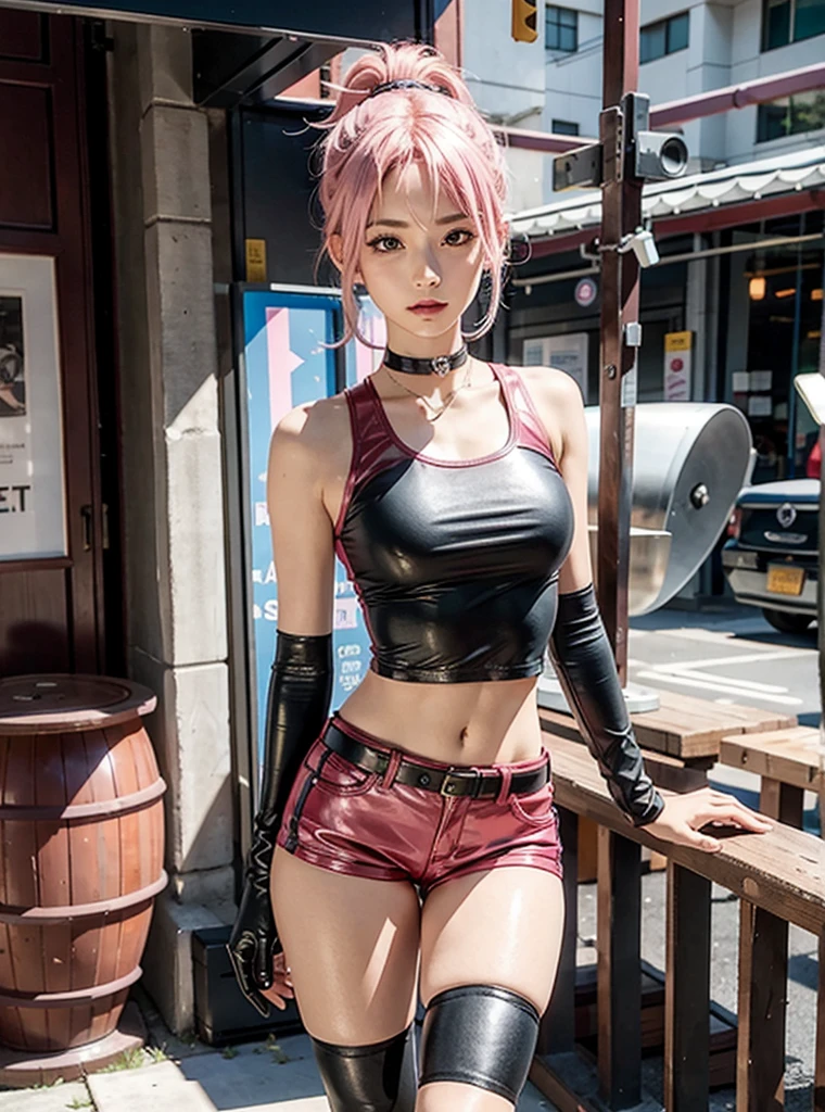 (Masterpiece, BestQuality:1.3), (ultra detailed:1.2), (hyperrealistic:1.3), (RAW photo:1.2), High detail RAW color photo, professional photograph, (Photorealistic:1.4), (realistic:1.4), professional lighting, perfect anatomy, (Big Breasts:1.2), (blush, detailed face), (cheerful Smile:1.5), Trending Hair&Trending Hairカラーをランダムに, earrings, necklace, bracelet, sexy, erotic sexy, Random sexy gravure poses, (Pink-haired beauty in high heels and black halter top bikini posing in outdoor studio。Her hair is long and straight.、One hand on hip。:1.3)