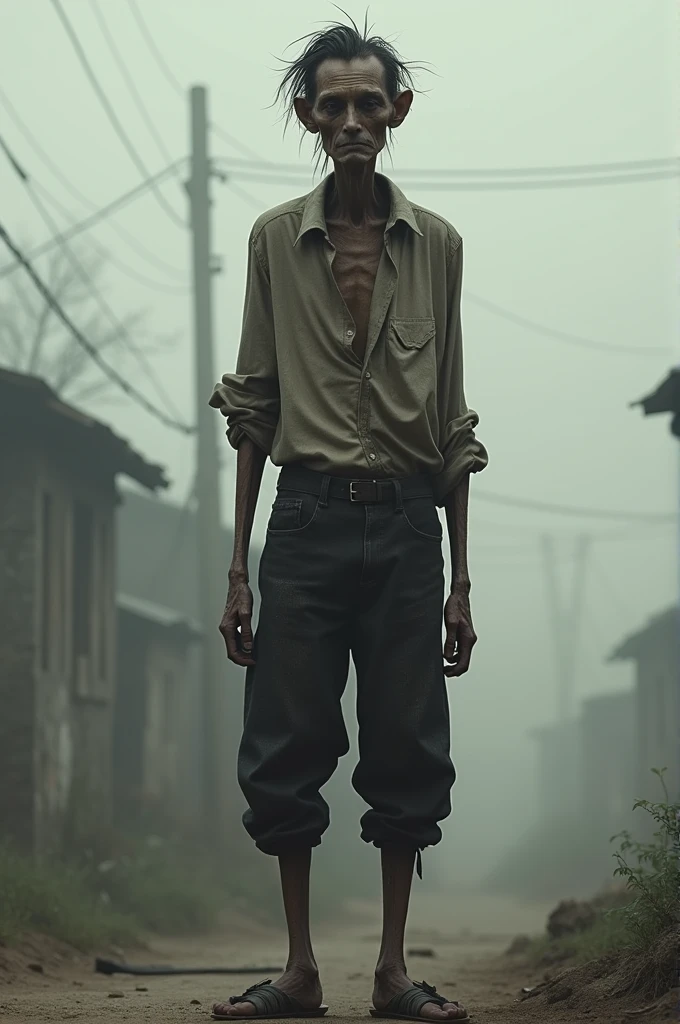 Skinless man hanging clothes on the clothesline