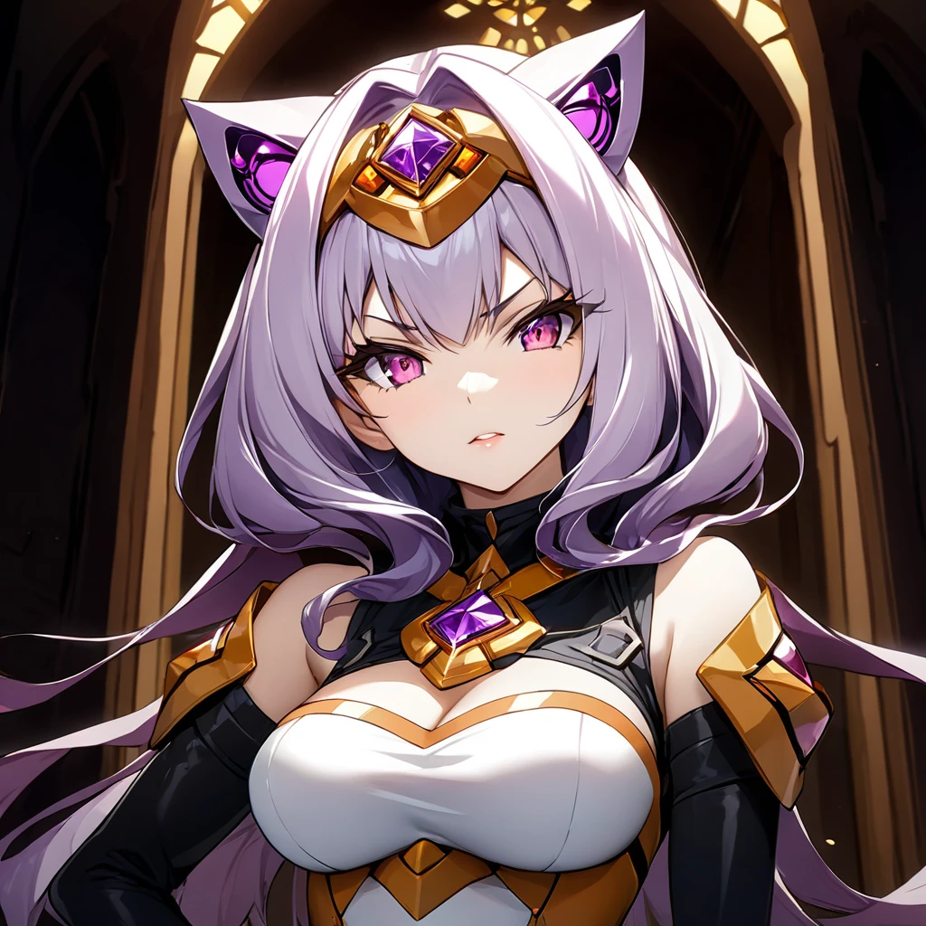 ((Highest quality)), ((masterpiece)), (detailed), （Perfect Face）、The woman has light purple hair in Extia Magica、The woman turns evil and becomes a member of an evil organization.