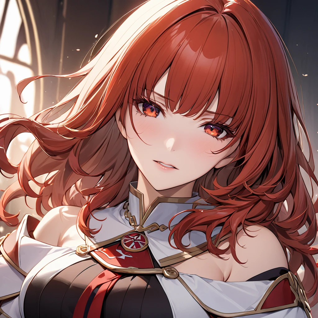 ((Highest quality)), ((masterpiece)), (detailed), （Perfect Face）The woman is a Celica with red hair.、The woman turns evil and becomes a member of an evil organization.