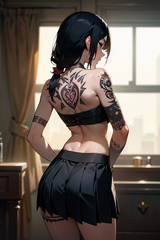 (Masterpiece, best quality), beautiful woman wearing skirt, bare back, tattoos on back, dark tattoo, mini skirt, pleated skirt, back view, tied hair, black hair, looking back, glare,  smooth skin, skinny body, bare back, tatoos, studio lighting, white background, bokeh, vivid colors, 4k, HD, realistic, (absurdres:1.2), pov ass, view from back, looking back, blurry background, detailed face, tattoo everywhere 