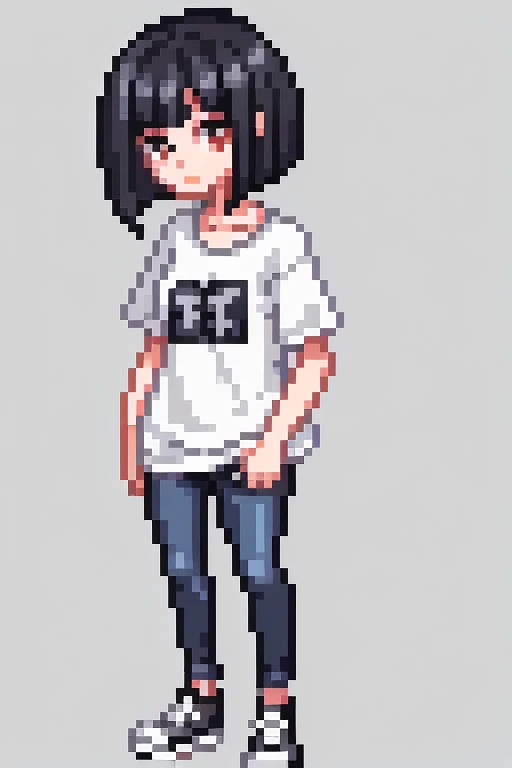 1 girl, black hair, short hair, whole body, Pixel World, No background, wear jeans, wear sneakers