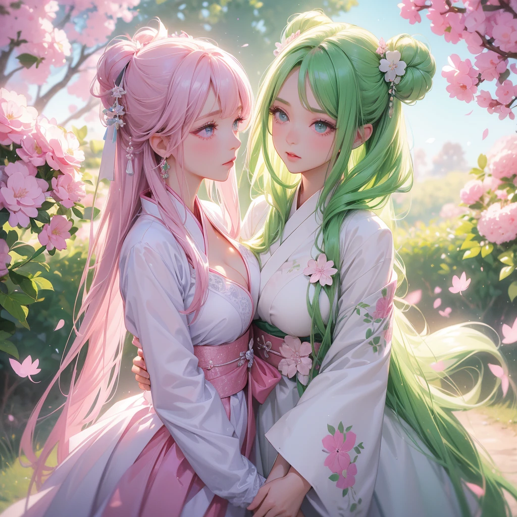 Woman with light green hair, weak bright, lilac four-leaf clover in her hair. Skin colored horns. Genshim Impact style pink and white Japanese outfit. longye hair, medium breasts. nature background,  sheen, Masterpiece artwork, best qualityer, detail, ultra HD, アニメ, anime styling, digitl art
