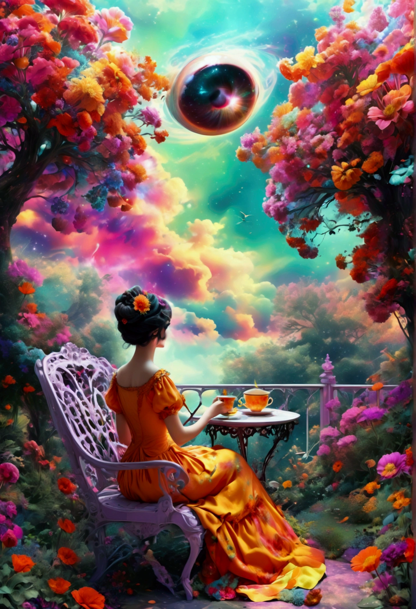 (((pop art))) Photo, masterpiece, top quality, (trippy color scheme), (Ultra detailed surroundings:1.2)a surreal scene from an LSD trip, eyeball comet flying through the sky, ((giant flower like trees following its flightpath)), Lady Death dressed in her Sunday finest drinking a cup of tea in the garden sitting at the Victorian garden furniture watching this spectacle, detailed fantasy, cinematic lighting, vibrant colors, (((psychedelic))), dreamlike, highly detailed, intricate, mesmerizing, masterpiece, best quality, 8k, photorealistic