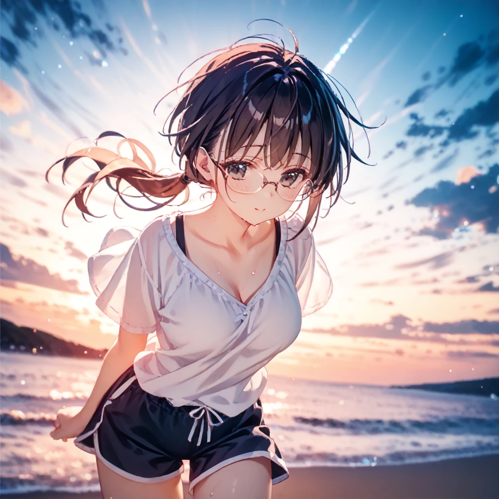 best quality, masterpiece, ,,break,1girl, tomboy, glasses, short hair, low ponytail, medium breasts, black eyes,  beautiful detailed eyes,shorts, sweat, sleepily, outdoors, wind, (Detailed background), (Detailed Lighting),,break,(clear line illustration:1.2), super detailed skin,very high resolution, very aesthetic, Best sexual lighting powered by famous artist, 8k, 16k, cute picture,beauty illustration,photoshop_(medium),,(Detailed Lighting),best anime 8k konachan wallpaper, pixiv contest winner,(by mitsumi misato:0.6),(by carnelian:0.3),(by kantoku:0.3), 