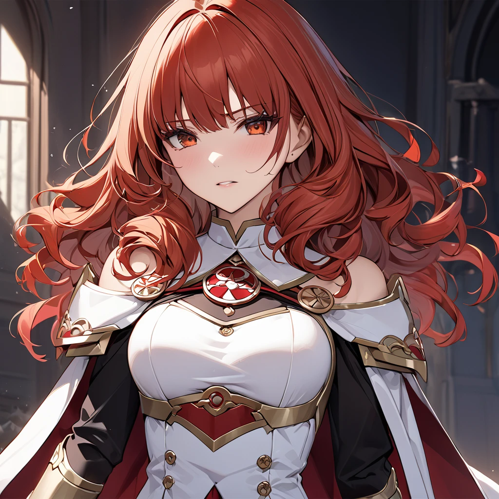 ((Highest quality)), ((masterpiece)), (detailed), （Perfect Face）The woman is a Celica with red hair.、The woman turns evil and becomes a member of an evil organization.