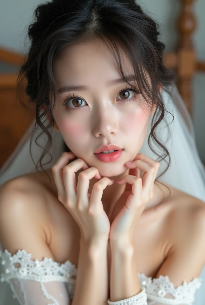 nsfw, (((topless))),,Dilraba Dilmurat, layered hair style, mouth veil, freckles, eyes mascara, masterpiece, best quality, photorealistic, glowing sparkly skin, soft lighting, voluptuous, lying in bed, sharp focus, colorful liquid gel rain, close up, fashion designer, resplendent tiny pearls necklace, baroque