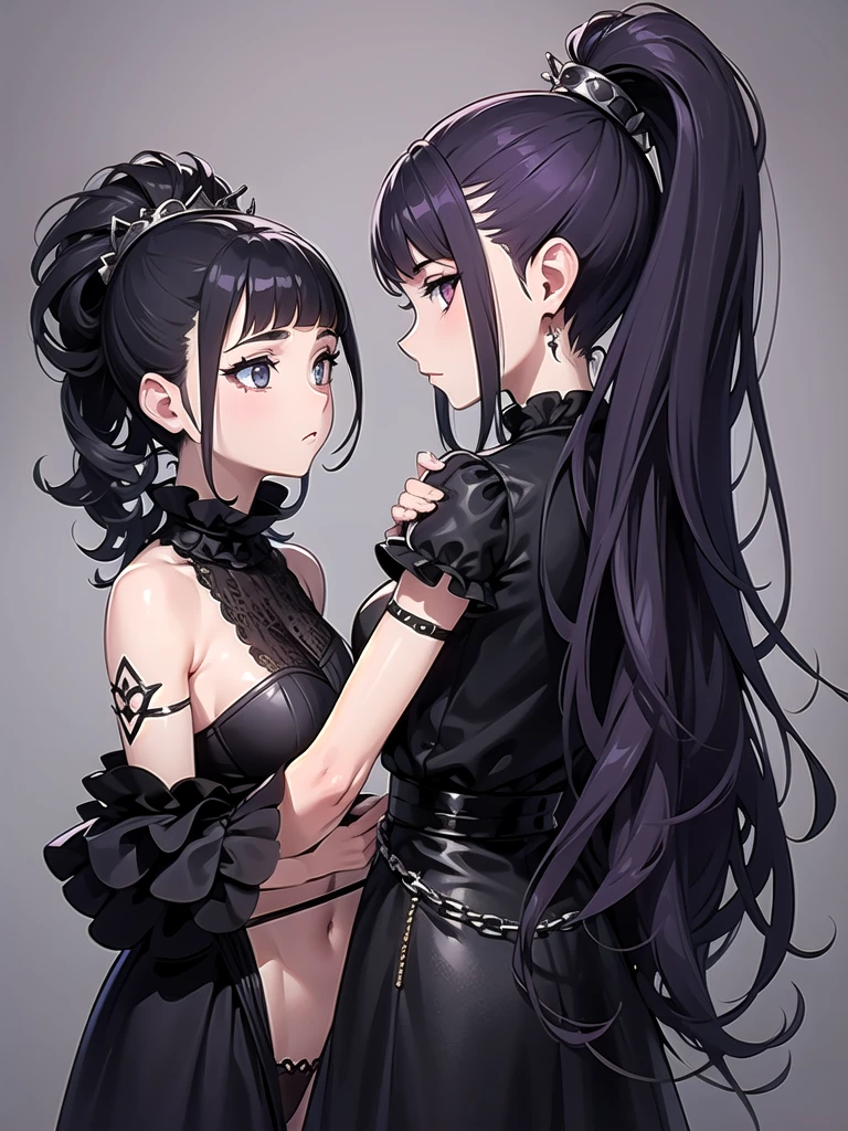 "((({{masterpiece}}))), {{best quality}}, {{highres}}, ((2girls)), {{yuri}}, ((kiss:1.4)), ((french kiss)), {{blush}}, {{closed eyes}}, ((tongue)), ((saliva)), ((groping)), {{hand on breast}}, {{makeup emo}}, {{goth}}, ((separate bodies)), {{8k}}, {{detailed}}, {{enchanted}}, hair black ando purple, hair pink ando blue, emo dress