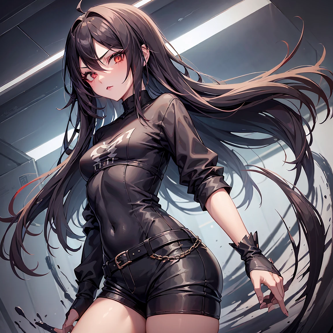 1 girl , smallbreast,black hair long, long black shirt and short sports shorts , gothic,bold style,and sincere look,maquiagem gothic ao redor dos olhos.