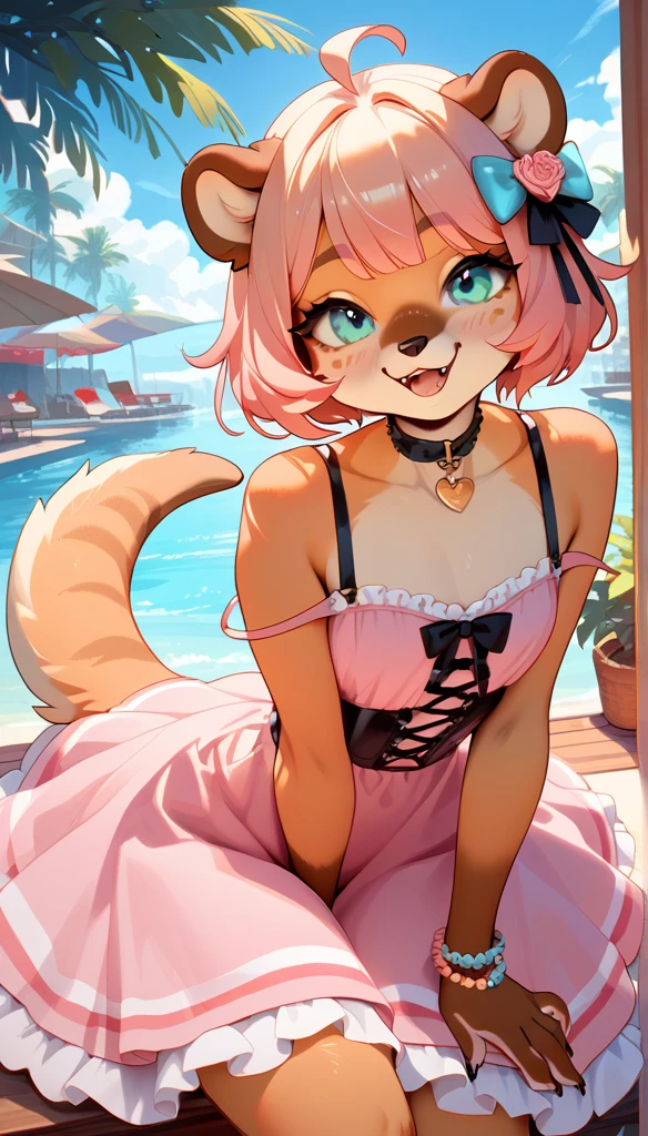 drawing of an otter woman in a pink dress, female furson, pov furry , hourglass body, feminine furry mini cute style, furson!!!!, furry art!!!, looking straight, furson wearing stylish clothes, furry character, goddess otter
