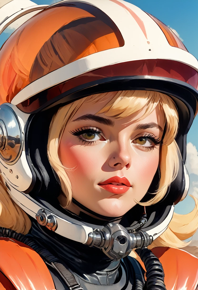 a close up of a woman in a helmet and a helmet on, 2 0 2 1 cinematic 4 k framegrab, barbarella, by Anna Katharina Block, fighter pilot in the cockpit, moody : : wes anderson, retro photography, furious gorgeous woman, sixties, faster, awarded on cgsociety, pompadour, nascar, 2015 cinematography