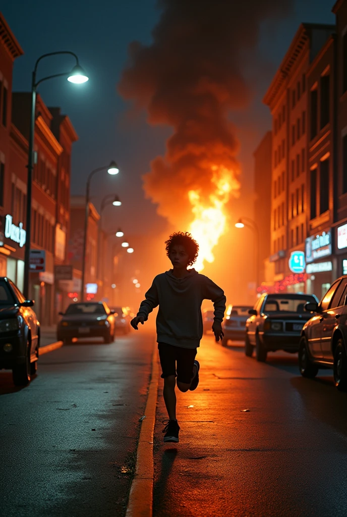 dramatic photo of kid back playing in a destroyed city  (burning cars) in background,  dirt,  rain, cold, snowing, destroyed apartments. ruble, smoke, worn old cloths, (pain)