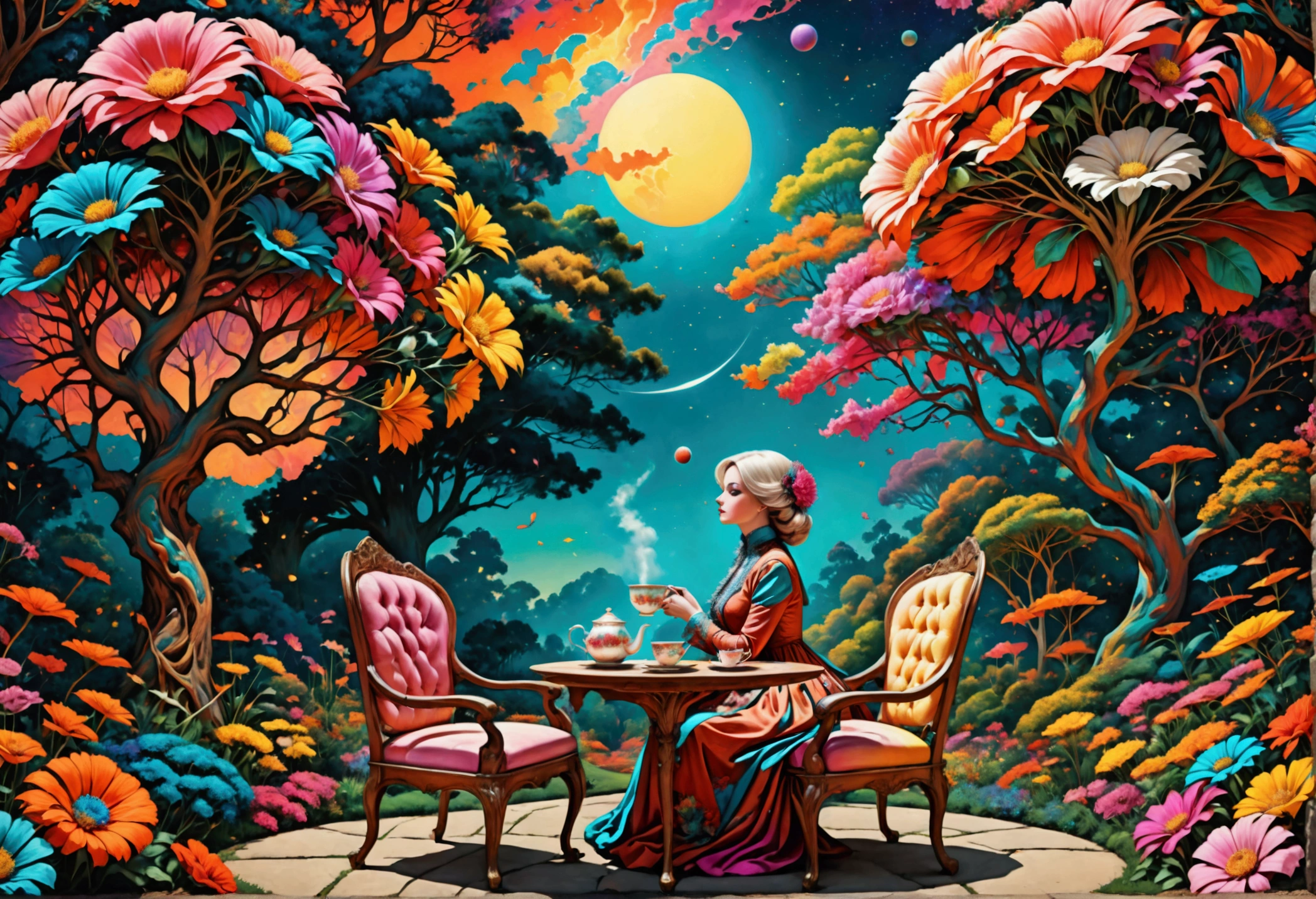 (((pop art))) Photo, masterpiece, top quality, (trippy color scheme), (Ultra detailed surroundings:1.2)a surreal scene from an LSD trip, eyeball comet flying through the sky, ((giant flower like trees following its flightpath)), Lady Death dressed in her Sunday finest drinking a cup of tea in the garden sitting at the Victorian garden furniture watching this spectacle, detailed fantasy, cinematic lighting, vibrant colors, (((psychedelic))), dreamlike, highly detailed, intricate, mesmerizing, masterpiece, best quality, 8k, photorealistic