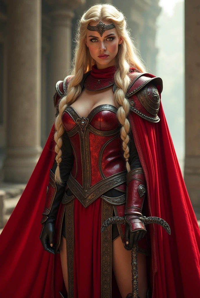 （（（armor,breastplate,red cape,tiara, shoulder armor,red skirt, （（（danya，long hair, blonde hair,braid,pauldorns,yellow eyes, open eyes, ））），（（（wide hips））），S-shaped body:1.7））），((masterpiece)),high resolution, ((Best quality at best))，masterpiece，quality，Best quality，（（（ Exquisite facial features，looking at the audience,There is light in the eyes，blush，shy ））），（（（Light and shadow interlace，huge ））），（（（com uma arma））, com correntes que nas pontas tem uma faca 