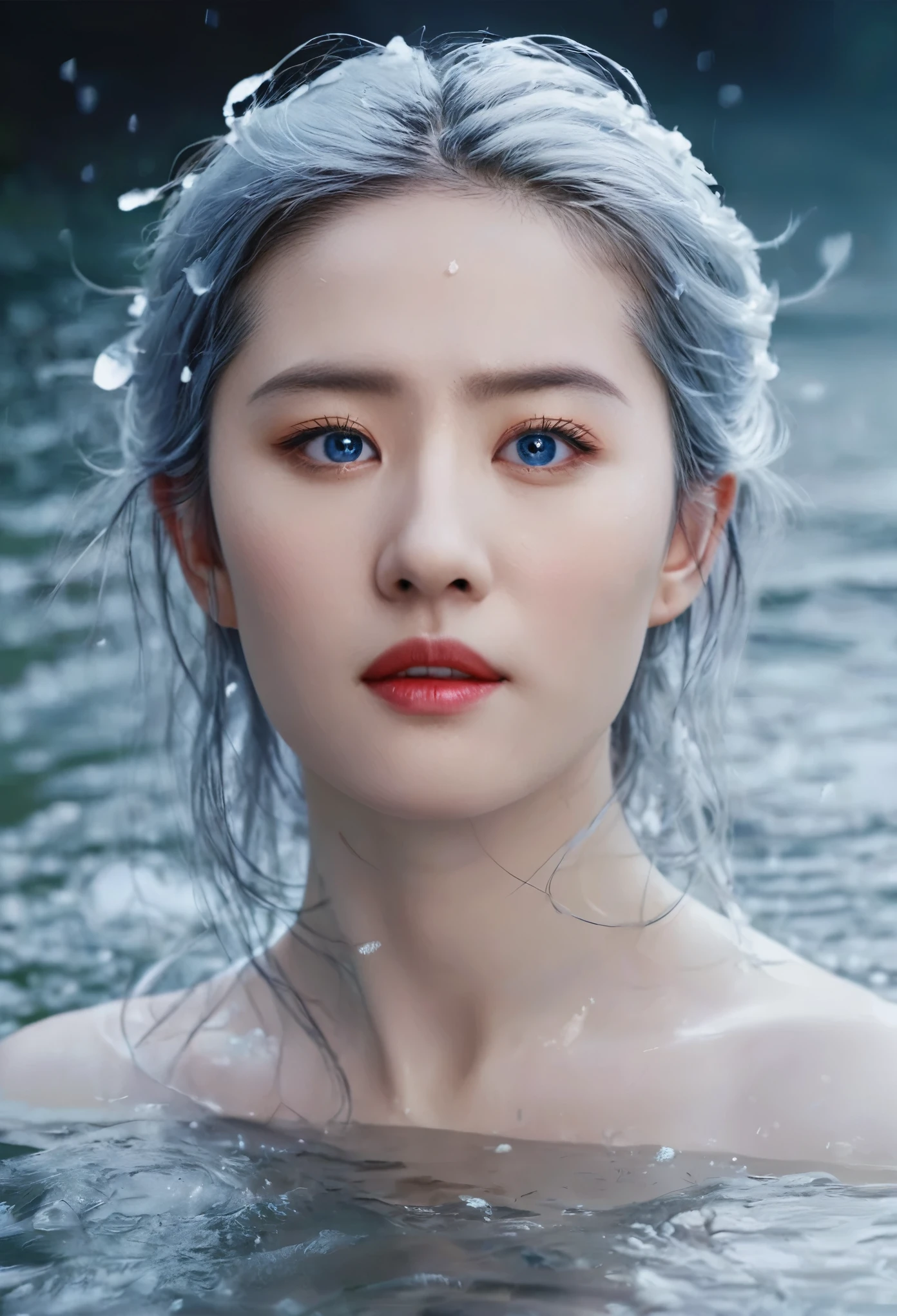 Seven part photos, masterpiece, best quality, Official Art, Extremely detailed CG 8k wallpaper,(Flying petals)(Detailed ice) ,  water晶质感皮肤, Cold expression, White hair, Long hair, Messy hair, blue eyes, Looking at the audience, Extremely refined, water,  ((Beautiful and delicate eyes)), Very detailed, Movie Lighting,((Pretty Face),fine water surface, (Original figure painting), Very detailed, Very detailed,  (Extremely refined), Beautiful and delicate eyes, 