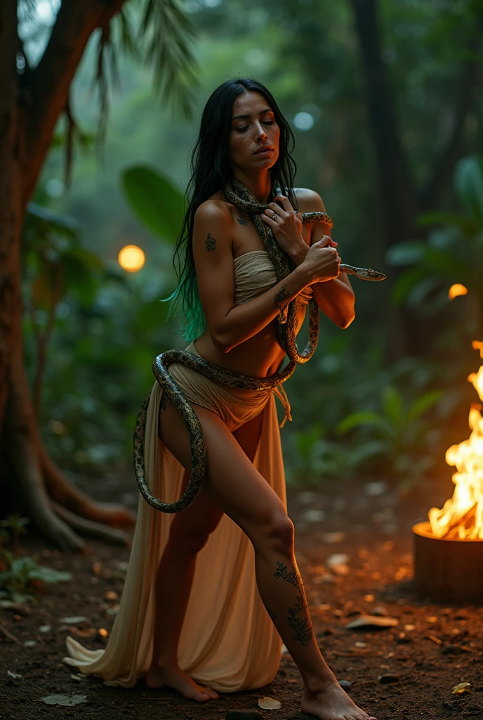 Magnificent detail, 8K Photos, hyper- realism, realistic background, visual depth, wide angle lens, all-body, 1 beautiful woman indigenous tupi guarani naked, covering the private parts with a snake. standing. barebody. Facial expression seduction, seducing smile. captivating stare. Indigenous facial painting. plume on head. Amazonian Brazil setting. brazilian forest. Spectacular beauty. Snake 4 meters. Woman holding the snake's head with her hand near her face. Woman looking at the snake's eye. Woman facing forward, looking at the photo. Snake coiled around the woman's body. Woman with a thin waist and a big butt. The woman is in the center of a circle formed by indigenous men, doing a ritual with fire and musical instruments.  sensual photo, sex ritual.