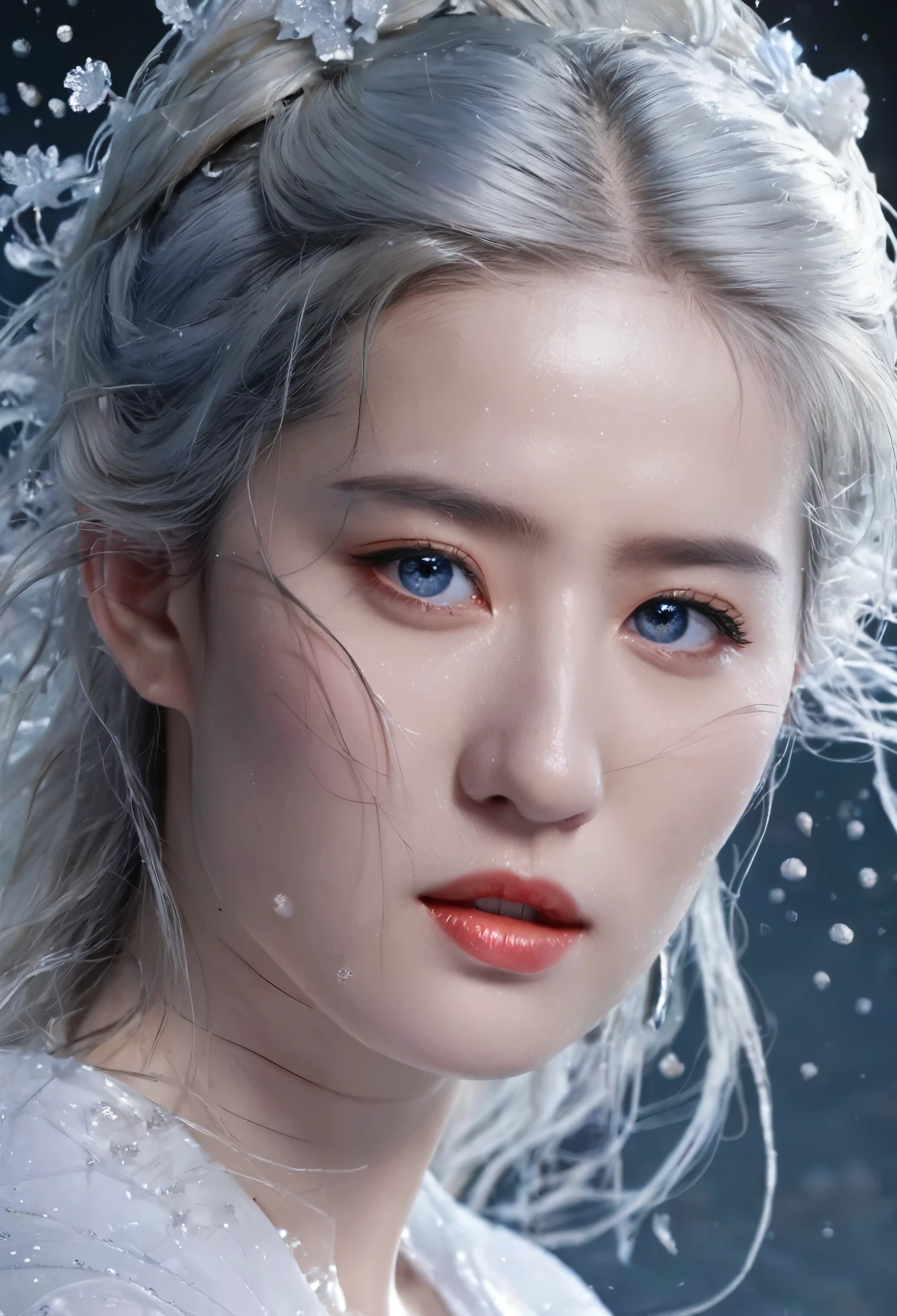 Seven part photos, masterpiece, best quality, Official Art, Extremely detailed CG 8k wallpaper,(Flying petals)(Detailed ice) ,  water晶质感皮肤, Cold expression, White hair, Long hair, Messy hair, blue eyes, Looking at the audience, Extremely refined, water,  ((Beautiful and delicate eyes)), Very detailed, Movie Lighting,((Pretty Face),fine water surface, (Original figure painting), Very detailed, Very detailed,  (Extremely refined), Beautiful and delicate eyes, 