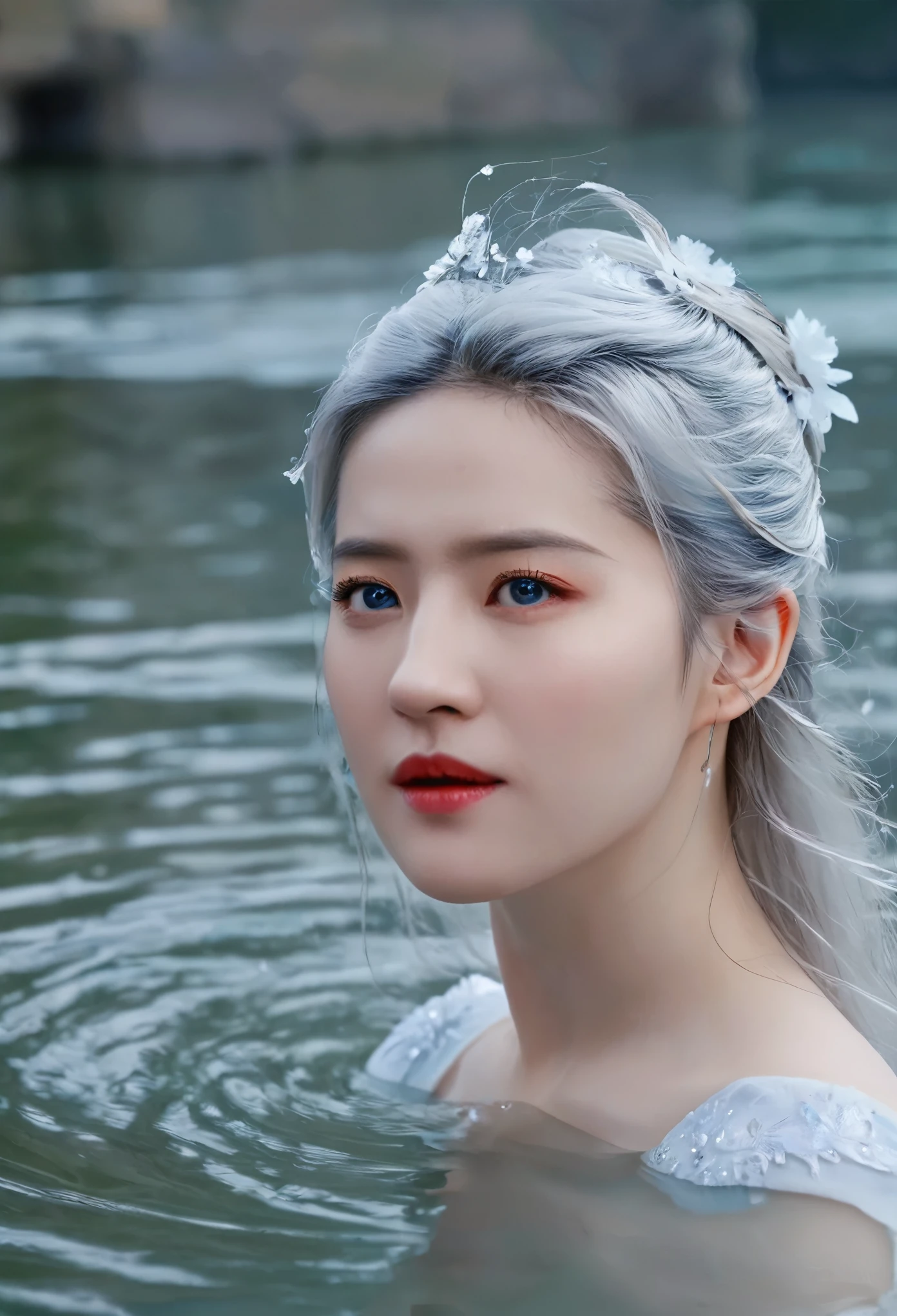 Seven part photos, masterpiece, best quality, Official Art, Extremely detailed CG 8k wallpaper,(Flying petals)(Detailed ice) ,  water晶质感皮肤, Cold expression, White hair, Long hair, Messy hair, blue eyes, Looking at the audience, Extremely refined, water,  ((Beautiful and delicate eyes)), Very detailed, Movie Lighting,((Pretty Face),fine water surface, (Original figure painting), Very detailed, Very detailed,  (Extremely refined), Beautiful and delicate eyes, 