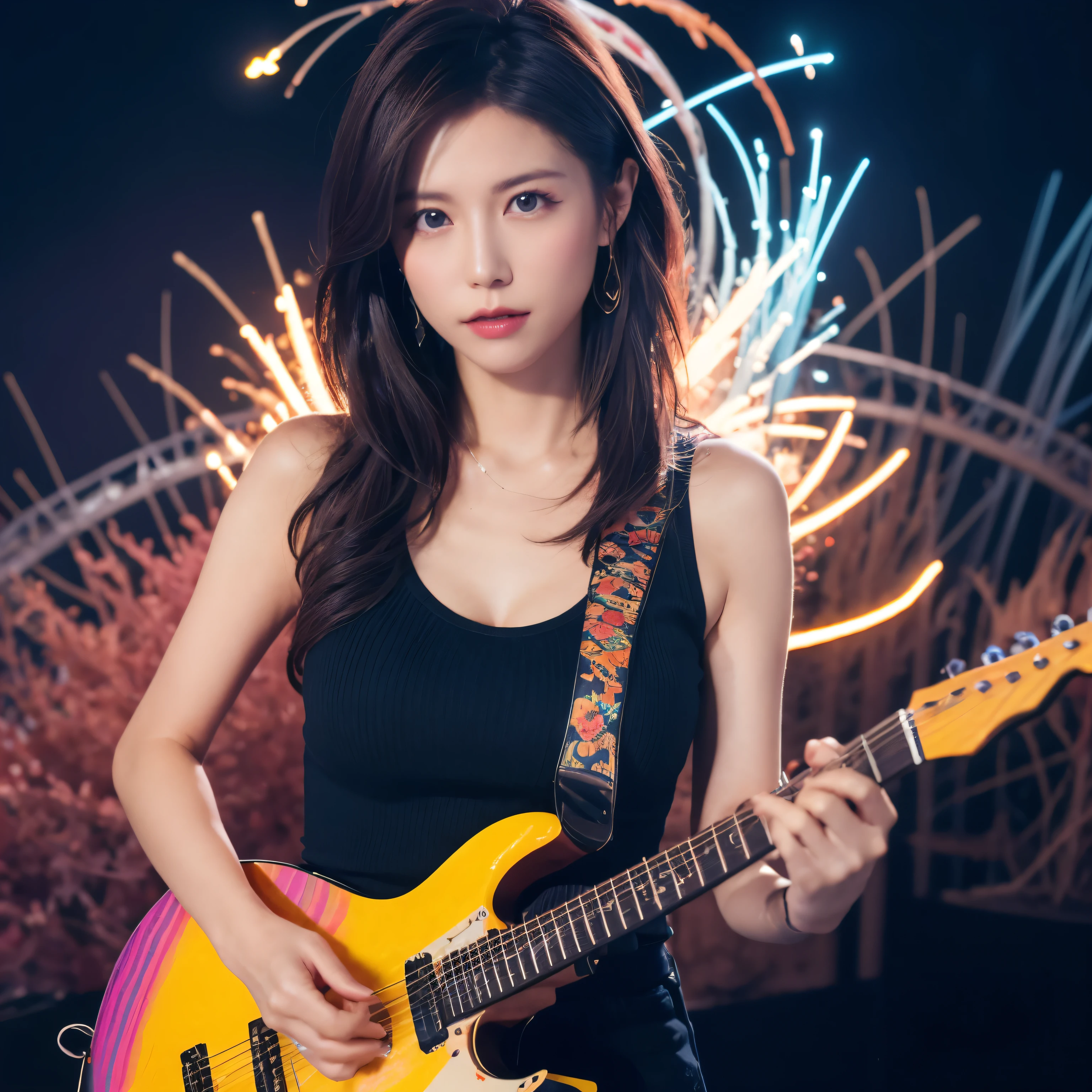 Create a cover image for an instrumental rock album featuring psychedelic abstract art. The background should be a swirling mix of vibrant colors, including shades of neon pink, electric blue, and vivid purple. Incorporate abstract patterns that create a sense of movement and energy, resembling waves or bursts of light. In the center, place an electric guitar with a glowing effect to stand out against the colorful backdrop. The guitar should have a dynamic, almost surreal appearance, blending seamlessly with the psychedelic patterns. Use a modern, stylish font for the album title and artist name, ensuring it stands out against the vibrant background. The overall design should evoke a sense of intensity and creative energy, reflecting the essence of instrumental rock music.