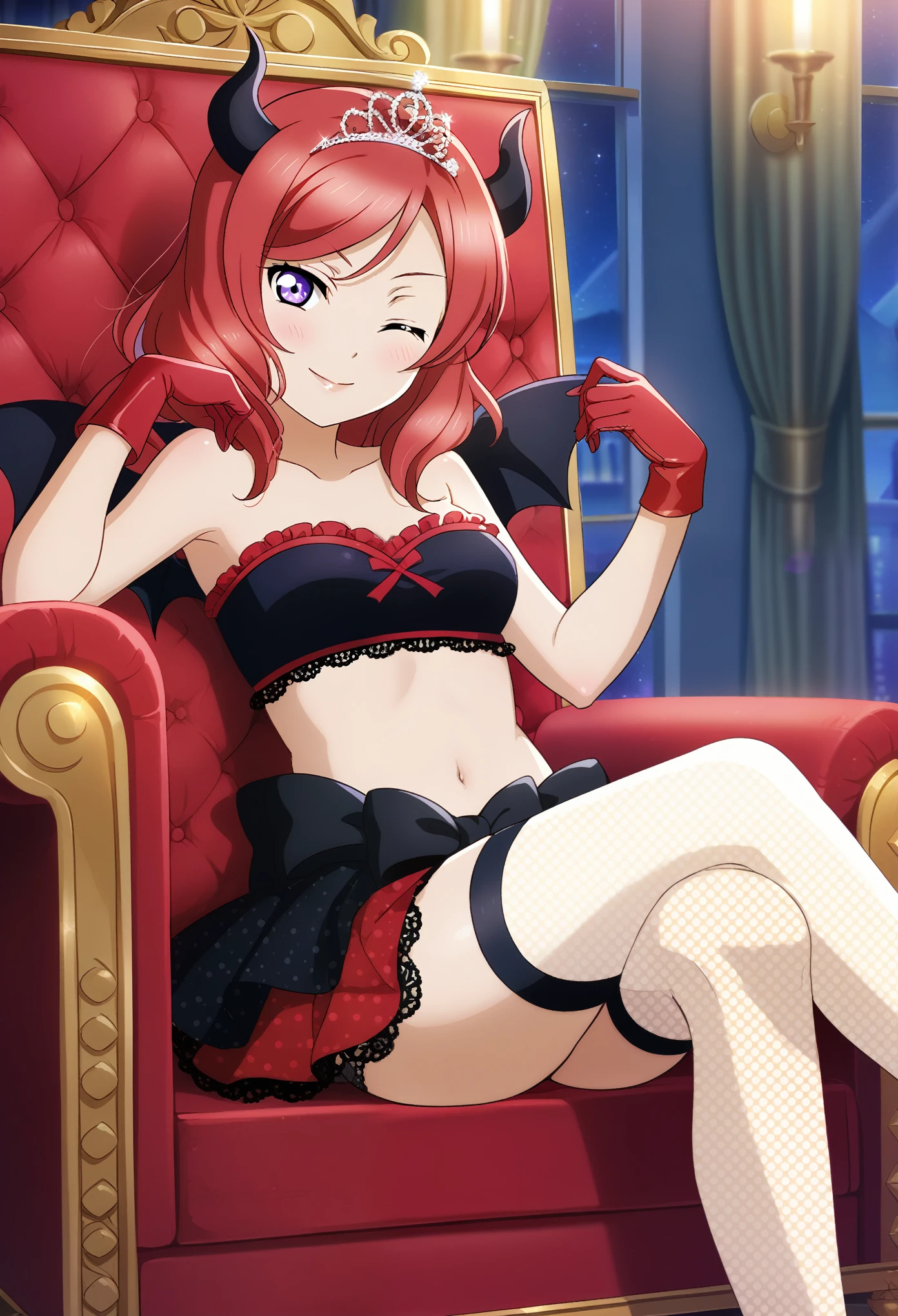 masterpiece, best quality,8k wallpaper, front view,nishikino maki,red hair, medium hair, purple ,blush ,solo , polka dot tube top, lace trimmed top, rose printed skirt, garter straps, fishnet thighhighs,red gloves ,fake black demon horns, small fake bat wings ,(smile:0.6), indoors , tiara, sitting on throne, crossed legs, night, medium breasts , midriff , seductive wink,ass visible 