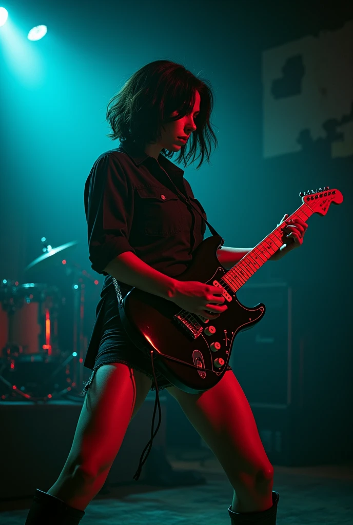 A high-resolution image of a female rocker playing an electric guitar ...