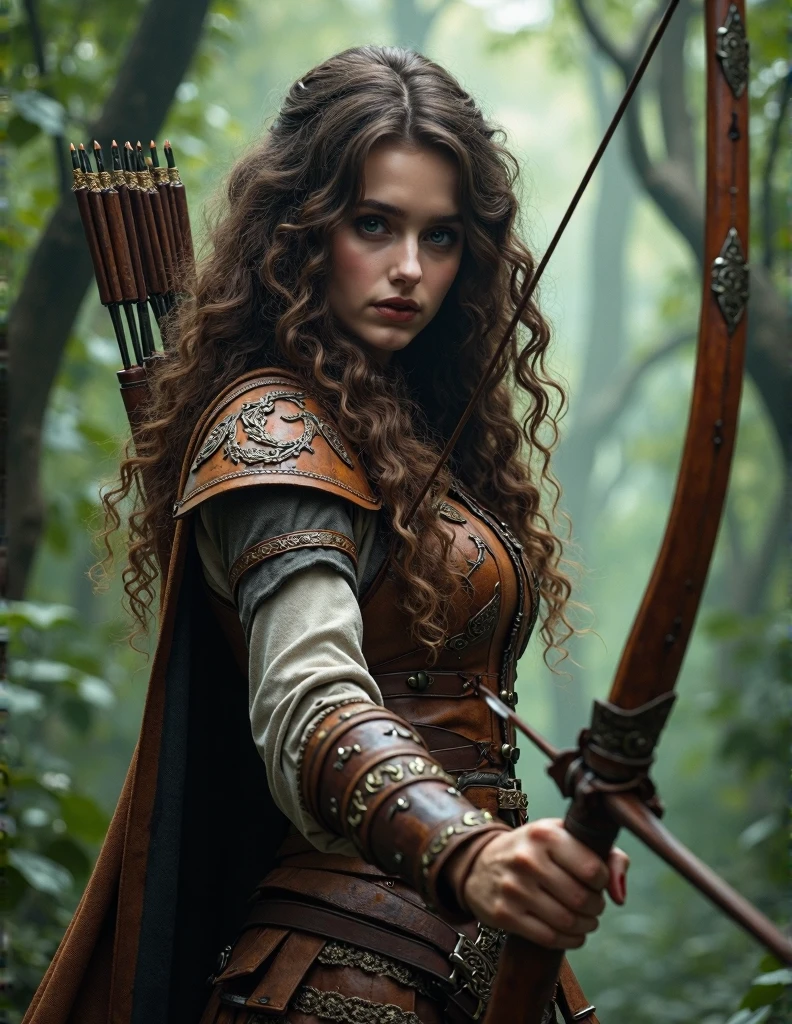 , masterpiece, Ultra-high resolution, Strong woman, Long curly hair, Leather Armor, Medieval clothing, Archer, Finely crafted bow, Mysterious Runes, magic, Detailsed background, forest, extreme details, 4K,