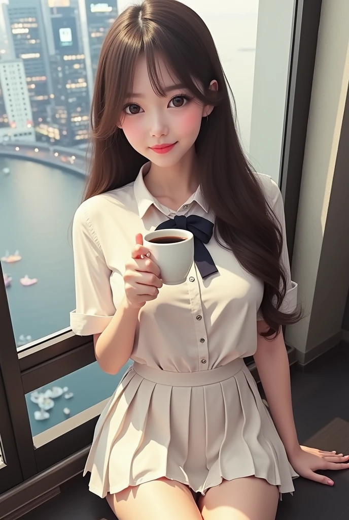 (8K, RAW photos, , masterpiece: 1.2), (Practical, photo-Practical: 1.37), Extremely detailed, 1 girl, Lovely, Solitary, Beautiful and detailed sky, Detailed coffee, night, Seating, (Red nose), (smile: 1.1), (Mouth closed), Medium breasts, Beautiful and delicate eyes, (Collared shirt: 1.1), bow tie, Pleated Skirt, (Short hair: 1.2), Long hair, Canadian Ice Cream,