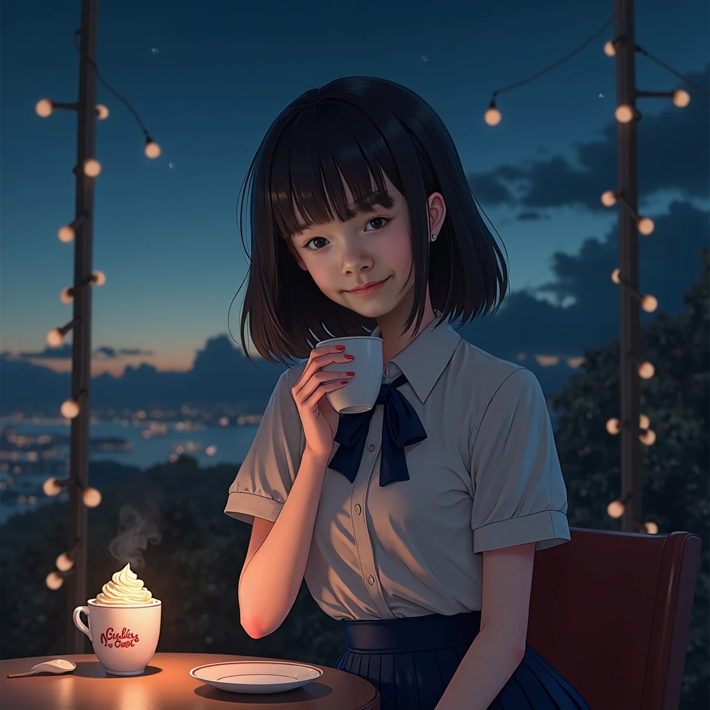 (8K, RAW photos, , masterpiece: 1.2), (Practical, photo-Practical: 1.37), Extremely detailed, 1 girl, Lovely, Solitary, Beautiful and detailed sky, Detailed coffee, night, Seating, (Red nose), (smile: 1.1), (Mouth closed), Beautiful and delicate eyes, (Collared shirt: 1.1), bow tie, Pleated Skirt, (Short hair: 1.2), Long hair, Canadian Ice Cream,
