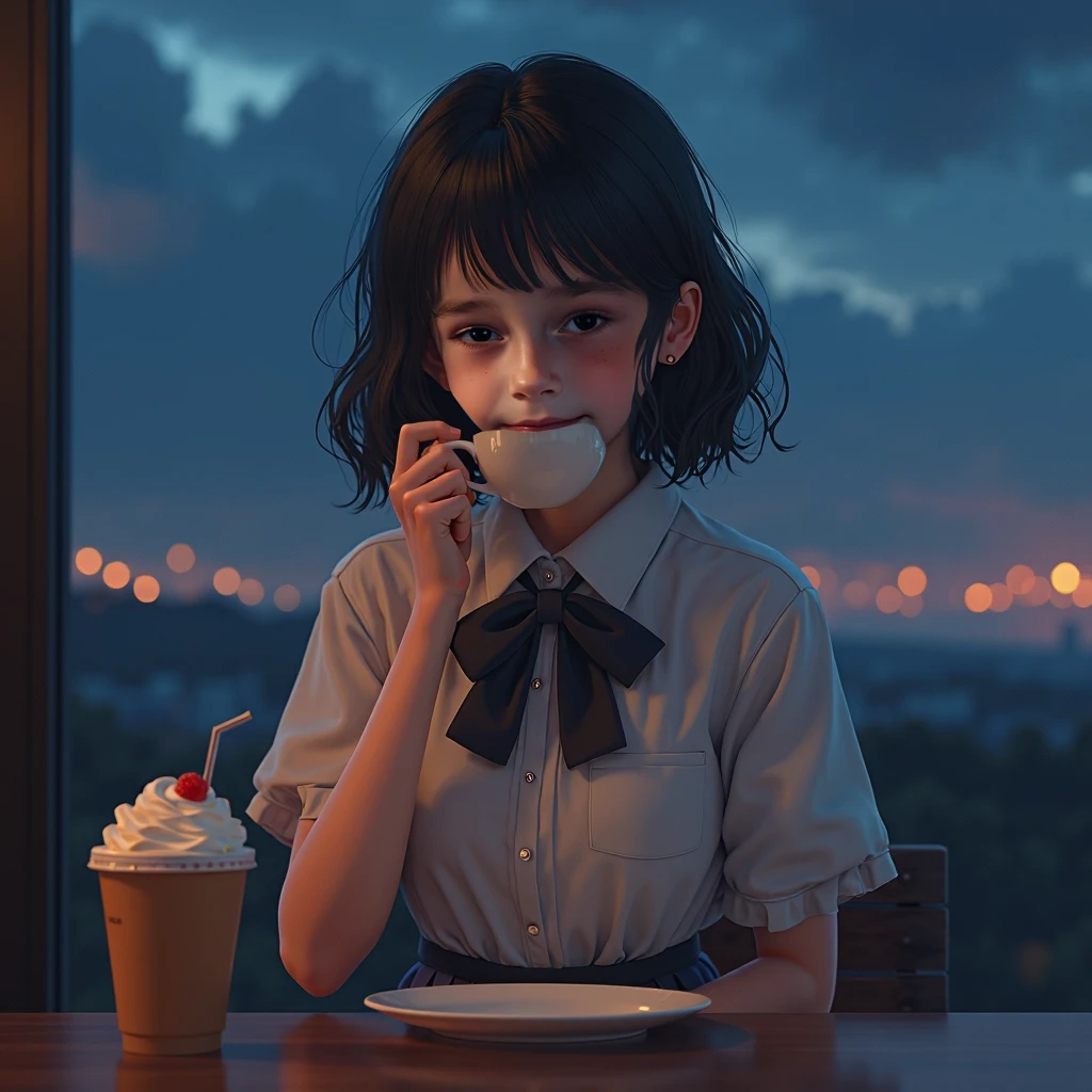 (8K, RAW photos, , masterpiece: 1.2), (Practical, photo-Practical: 1.37), Extremely detailed, 1 girl, Lovely, Solitary, Beautiful and detailed sky, Detailed coffee, night, Seating, (Red nose), (smile: 1.1), (Mouth closed), Beautiful and delicate eyes, (Collared shirt: 1.1), bow tie, Pleated Skirt, (Short hair: 1.2), Long hair, Canadian Ice Cream,