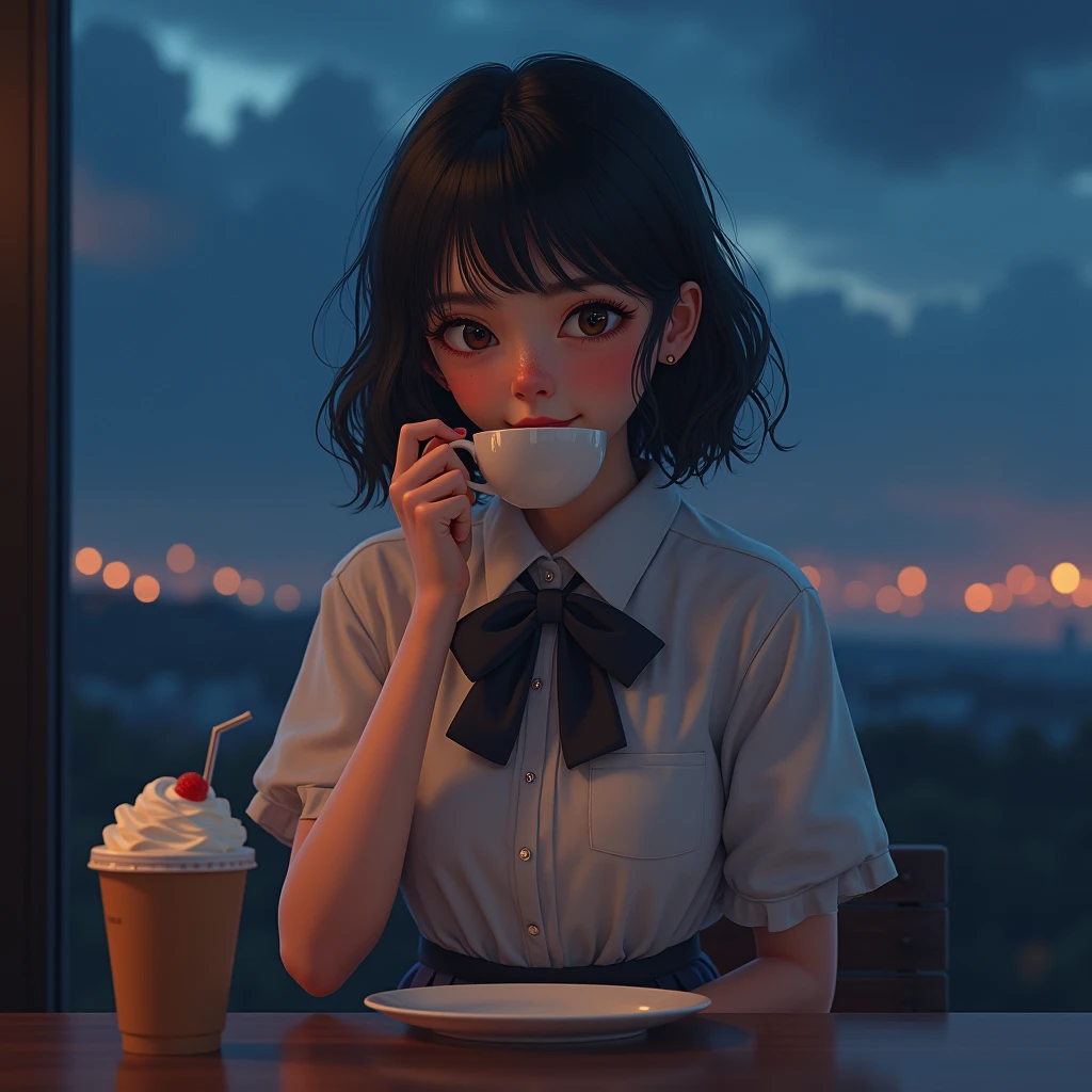 (8K, RAW photos, , masterpiece: 1.2), (Practical, photo-Practical: 1.37), Extremely detailed, 1 girl, Lovely, Solitary, Beautiful and detailed sky, Detailed coffee, night, Seating, (Red nose), (smile: 1.1), (Mouth closed), Beautiful and delicate eyes, (Collared shirt: 1.1), bow tie, Pleated Skirt, (Short hair: 1.2), Long hair, Canadian Ice Cream,
