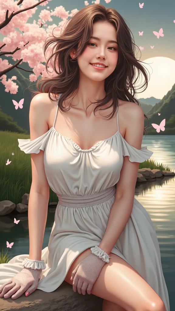 Original, (masterpiece), (illustration), (Extremely beautiful), (Perfect details), (Unity CG 8K Wallpaper:1.05), (Beautiful clear background:1.25), (Depth of Field:0.7),1 Girl,Laughter , (Standing by the river:1.15).(Hair blown by the wind:1.1),Butterflies flying, (moonlight:0.6), Tree, (summer), (night:1.2), (close up:0.35), (Gloves:0.8), Solitary ,