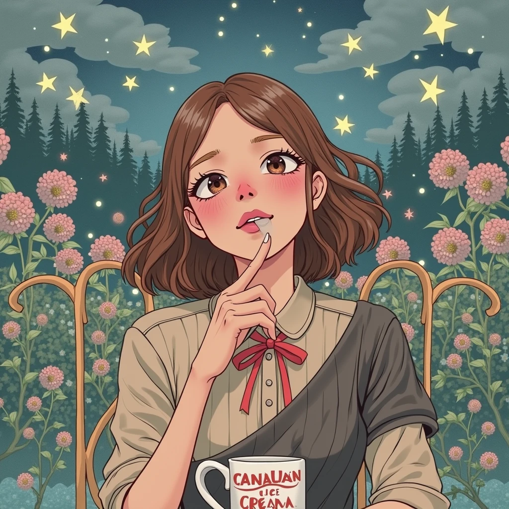 (8K, RAW photos, , masterpiece: 1.2), (Practical, photo-Practical: 1.37), Extremely detailed, 1 girl, Lovely, Solitary, Beautiful and detailed sky, Detailed coffee, night, Seating, (Red nose), (smile: 1.1), (Mouth closed), Beautiful and delicate eyes, (Collared shirt: 1.1), bow tie, Pleated Skirt, (Short hair: 1.2), Long hair, Canadian Ice Cream,