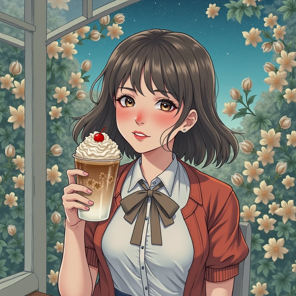 (8K, RAW photos, , masterpiece: 1.2), (Practical, photo-Practical: 1.37), Extremely detailed, 1 girl, Lovely, Solitary, Beautiful and detailed sky, Detailed coffee, night, Seating, (Red nose), (smile: 1.1), (Mouth closed), Beautiful and delicate eyes, (Collared shirt: 1.1), bow tie, Pleated Skirt, (Short hair: 1.2), Long hair, Canadian Ice Cream,