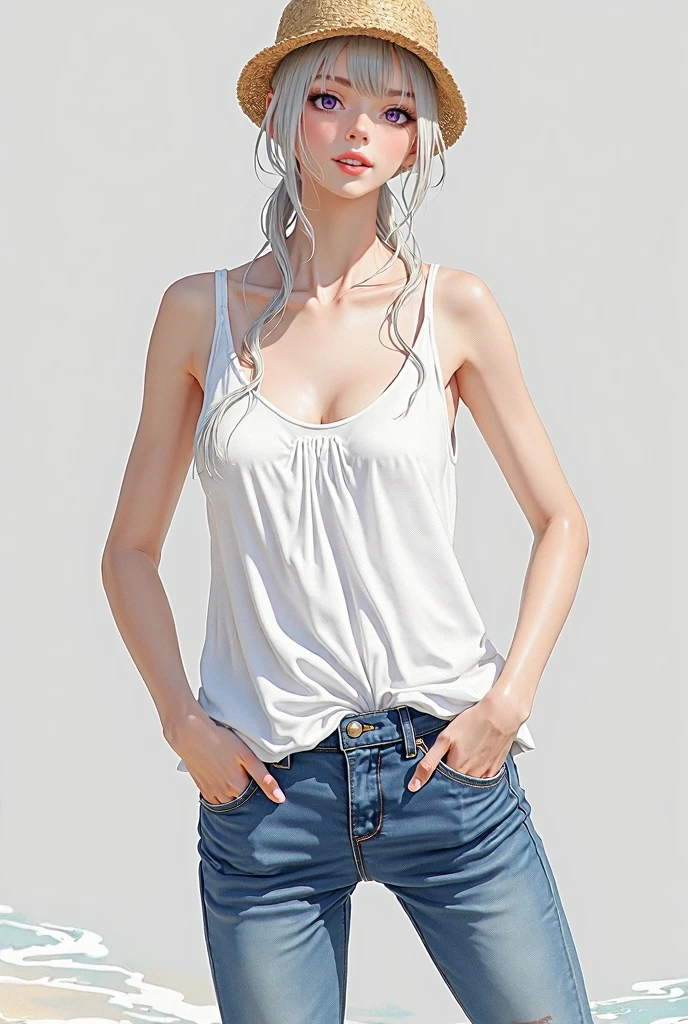 Best, masterpiece, , ,Short, Huge breasts, White hair,Low double ponytail, Purple eyes, Snow Chris, Thin double ponytail,, sea滩, sea, White Dress, White skirt, White single piece, straw hat, (((shy))), (Happy), Lean forward, summer, From above, Lend a helping hand, smile,