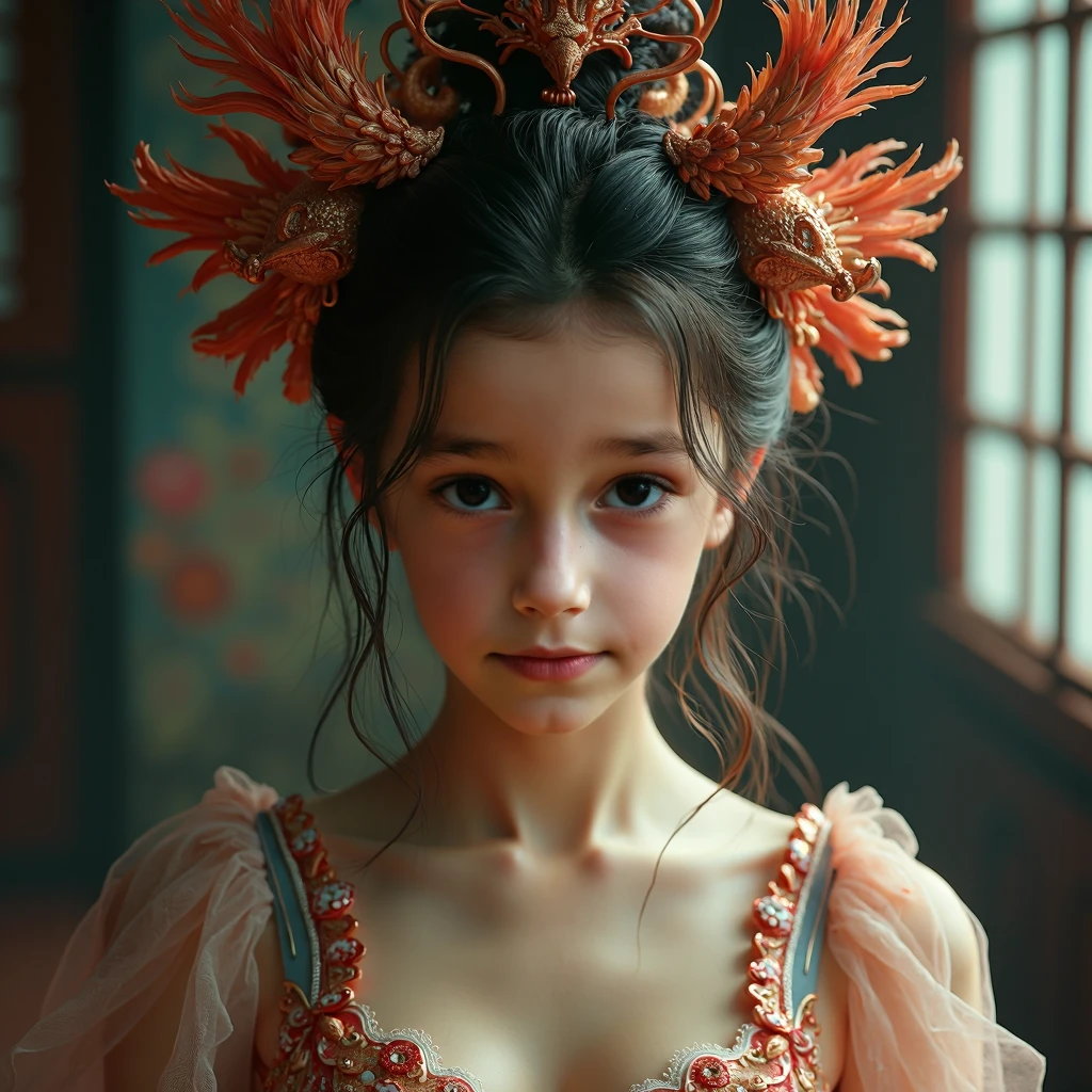 Best Picture Quality, Masterpiece Level, Ultra High Resolution, Realism, Fantasy Theme, Head Close-Up, A Girl, Single, Scatter, Chinese Architecture, Indoor, First-Person Perspective, Phoenix Headdress, Floral Dress, Get Detailed Interior Lighting and Cinematic Lighting, Increase Detailed Overall Ambient Light, Face and Eye Detail, Improve Face Detail Realism, Clear Sharp Focus, Sobbing, Mouth Biting, Frowning, Bright Eyes, Simple Background, Sony Master Lens.